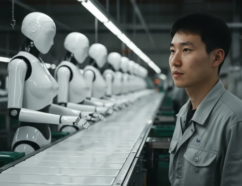 컨베이어 벨트 앞에서 여러 로봇들이 조립 작업을 하고 있는 모습을 바라보는 한 명의 한국인의 모습.