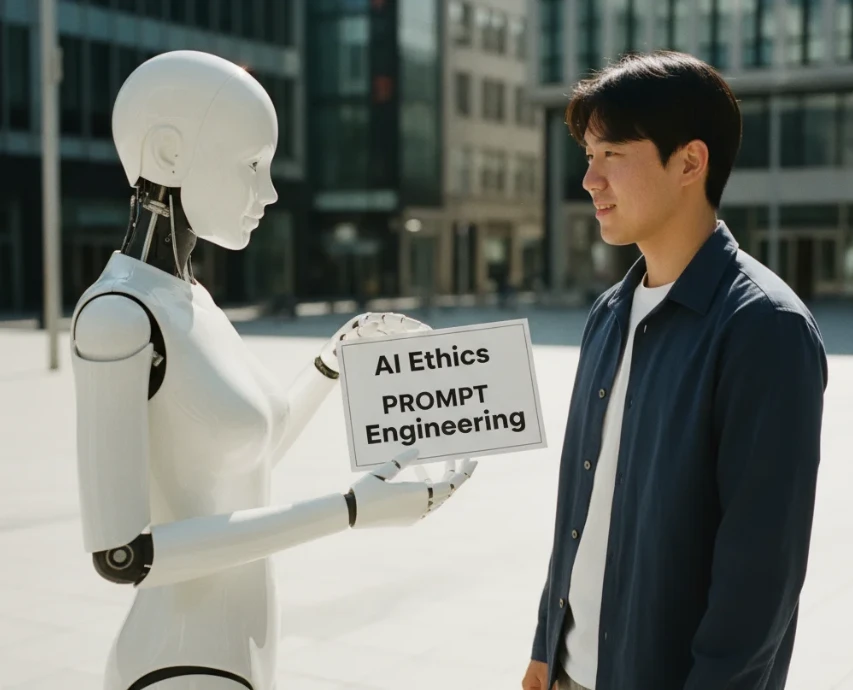 한 명의 한국인에게 'AI 윤리'와 '프롬프트 엔지니어링'이라는 키워드가 적힌 푯말을 건네는 흰색 로봇의 모습.