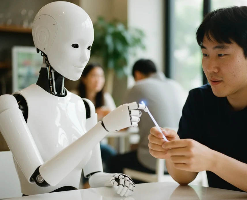 마법 지팡이처럼 생긴 AI 도구를 로봇에게서 건네받는 한 명의 한국인의 모습.