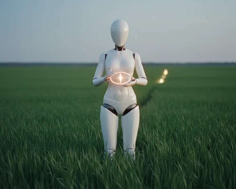 넓은 들판에서 나침반처럼 생긴 키워드 분석 기기를 들고 특정 방향을 가리키는 흰색 로봇의 모습.