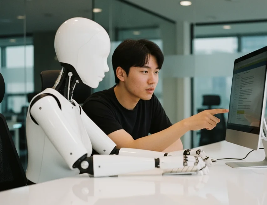 사무실의 컴퓨터 앞에서 로봇과 함께 앉아 글을 수정하고 있는 한 명의 한국인의 모습.