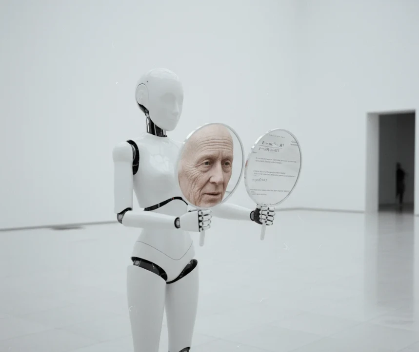 한쪽에는 사람의 얼굴이, 다른 한쪽에는 복잡한 공식이 그려진 양면 거울을 들고 서 있는 흰색 로봇의 모습.