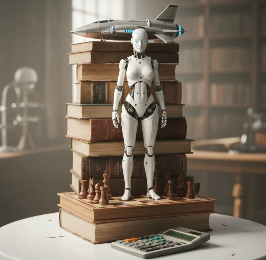 층층이 쌓인 책들 위에 서 있는 흰색 로봇의 모습. 가장 아래층에는 계산기, 중간층에는 체스판, 가장 위층에는 우주선이 놓여 있다.
