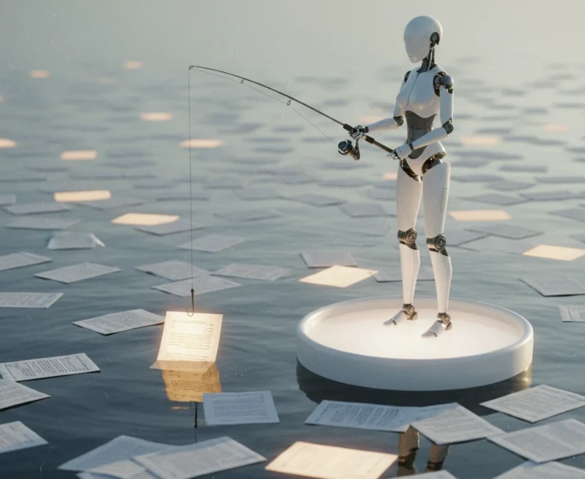 물 위에 떠다니는 수많은 글들 중에서 가치 있는 글만을 낚아 올리는 흰색 로봇의 모습.
