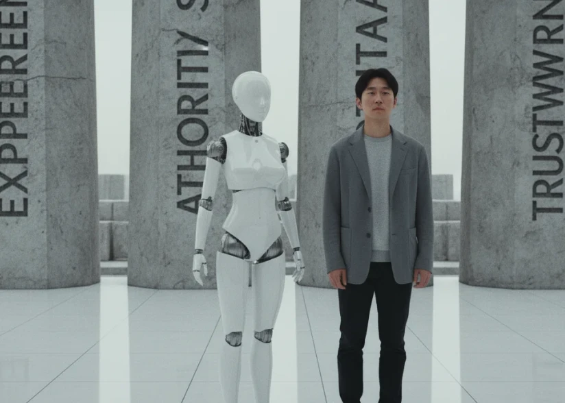 '경험', '전문성', '권위', '신뢰성'이라는 4개의 기둥을 바라보는 한 명의 한국인과 흰색 로봇의 모습.