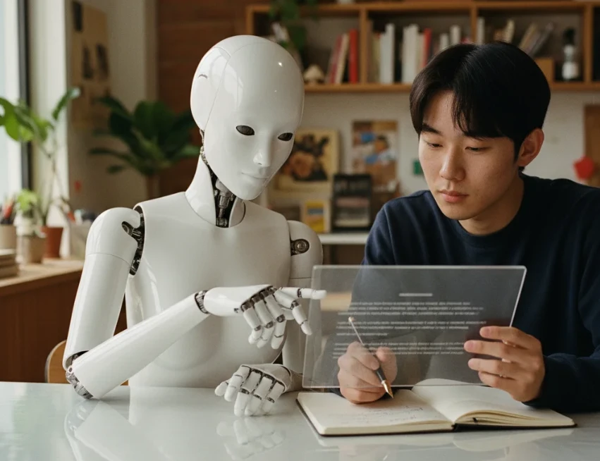 펜으로 AI가 작성한 글을 수정하고 있는 한 명의 한국인의 모습.