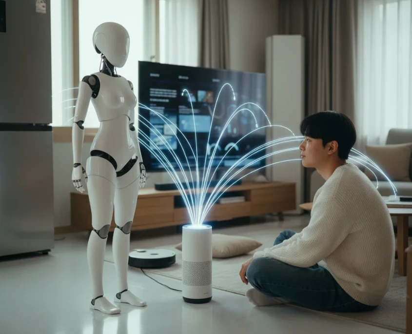 한 명의 한국인과 함께 AI 스피커를 사용하고 있는 흰색 로봇의 모습. 스피커에서 나온 빛이 다른 가전제품들로 이어지고 있다. 한 명의 한국인과 함께 AI 스피커를 사용하고 있는 흰색 로봇의 모습. 스피커에서 나온 빛이 다른 가전제품들로 이어지고 있다.