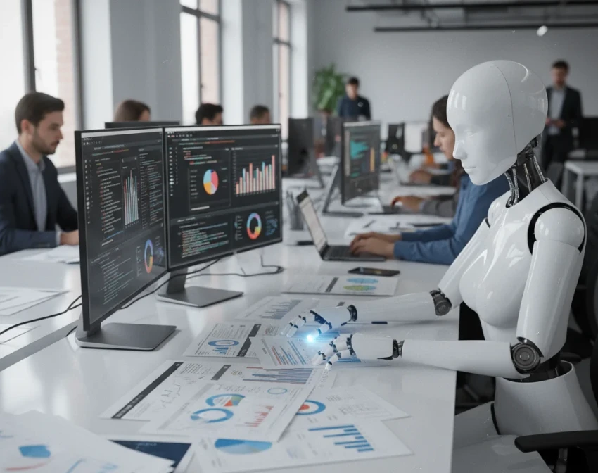 복잡한 서류와 그래프를 컴퓨터로 분석하고 있는 흰색 로봇의 모습. 복잡한 서류와 그래프를 컴퓨터로 분석하고 있는 흰색 로봇의 모습.