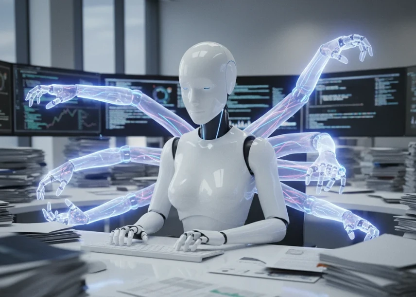 여러 개의 팔을 사용하여 동시에 여러 업무를 처리하는 흰색 로봇의 모습.