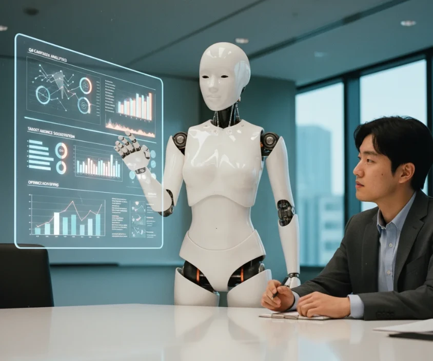 복잡한 그래프와 데이터를 보며 한 명의 한국인과 소통하고 있는 흰색 로봇의 모습.