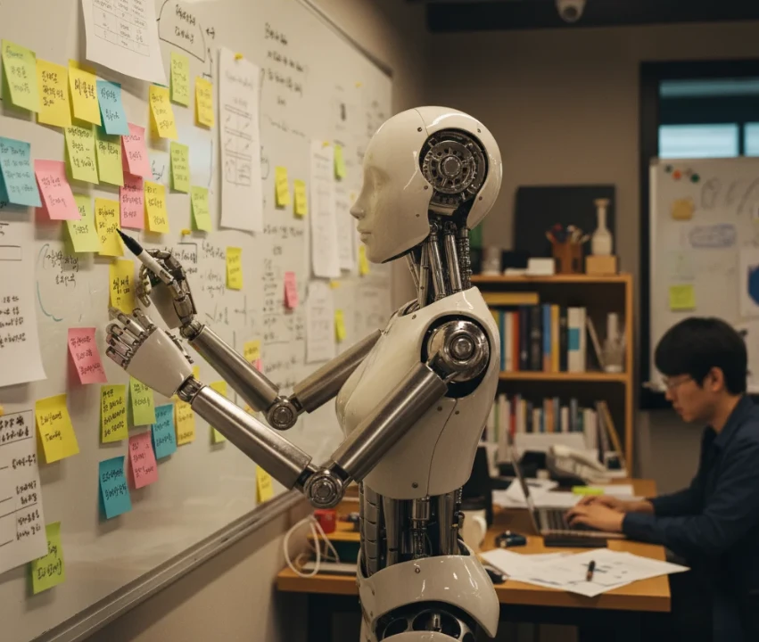 아이디어 포스트잇이 가득 붙은 벽에 새로운 메모를 추가하고 있는 여성 안드로이드 로봇.