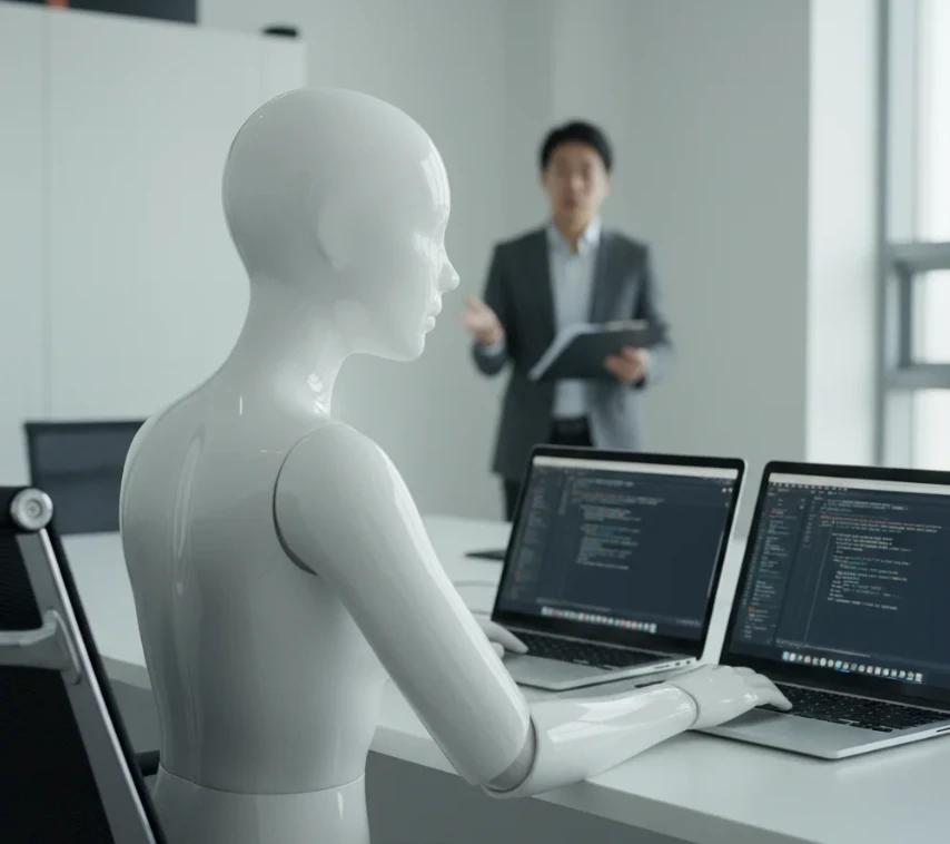 두 개의 노트북을 앞에 두고 양쪽을 번갈아 보며 작업하는 여성 안드로이드 로봇. 두 개의 노트북을 앞에 두고 양쪽을 번갈아 보며 작업하는 여성 안드로이드 로봇.