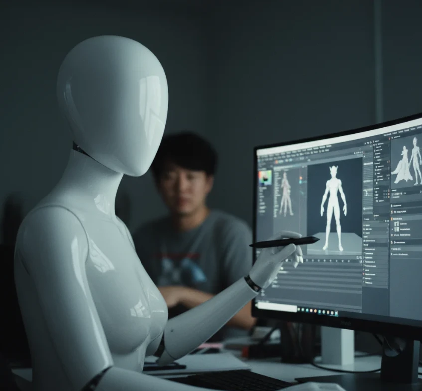 3D 모델링 프로그램이 실행된 모니터 앞에서 3D 애니메이션 캐릭터를 디자인하는 여성 안드로이드 로봇.