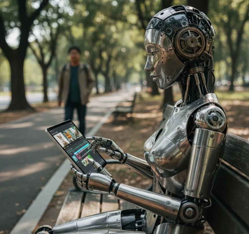 공원 벤치에 앉아 태블릿으로 동물 브이로그 영상을 편집하는 여성 안드로이드 로봇.