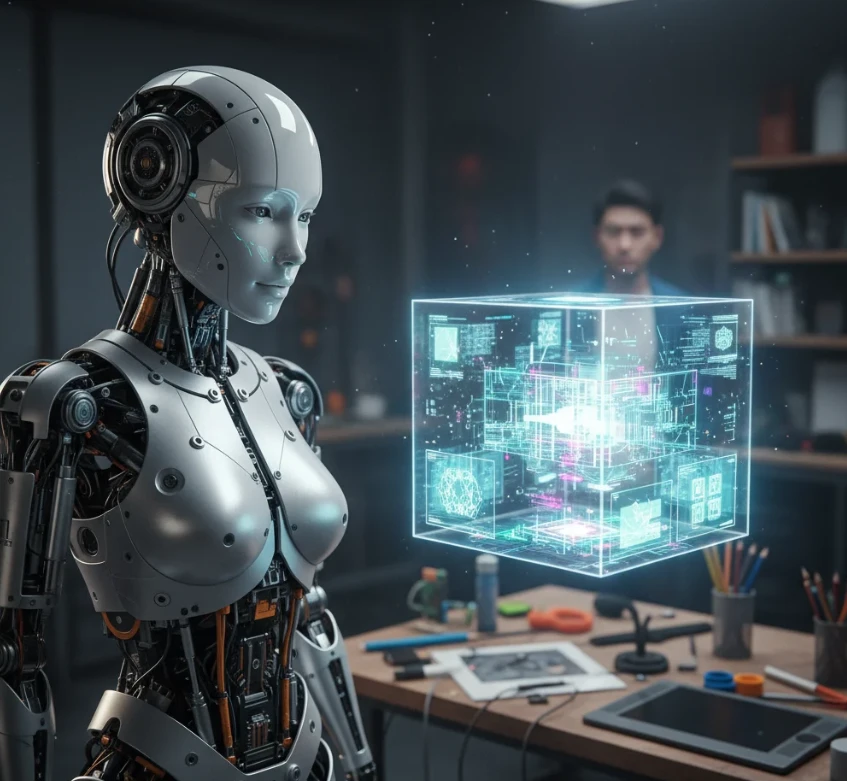 홀로그램 큐브를 통해 복잡한 아이디어를 시각화하는 여성 안드로이드 로봇.