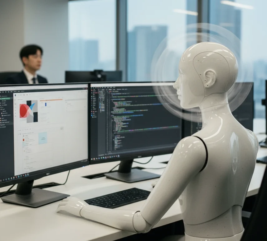 사무실에서 디자인 작업과 코딩 화면을 동시에 보는 여성 안드로이드 로봇.