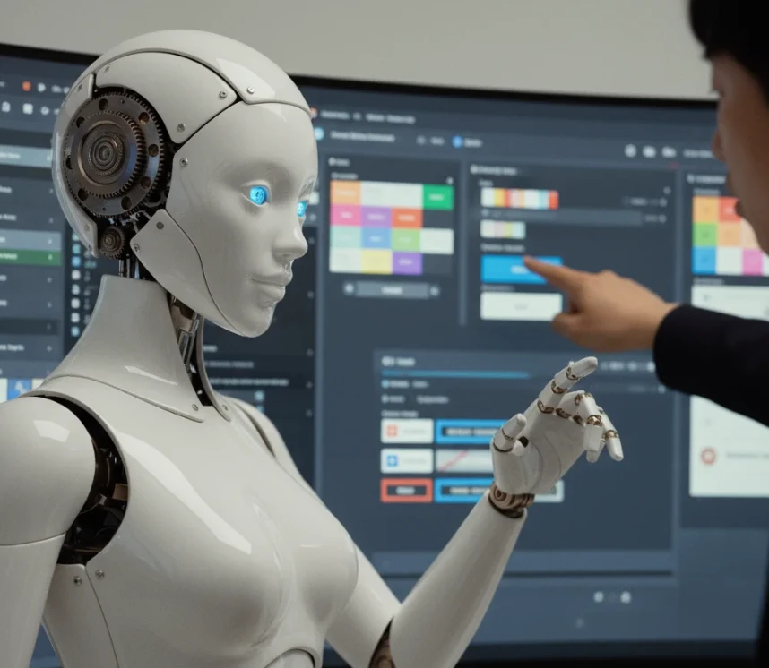 피그마 화면 앞에서 협업하며 작업 지시를 내리는 여성 안드로이드 로봇과 사람.