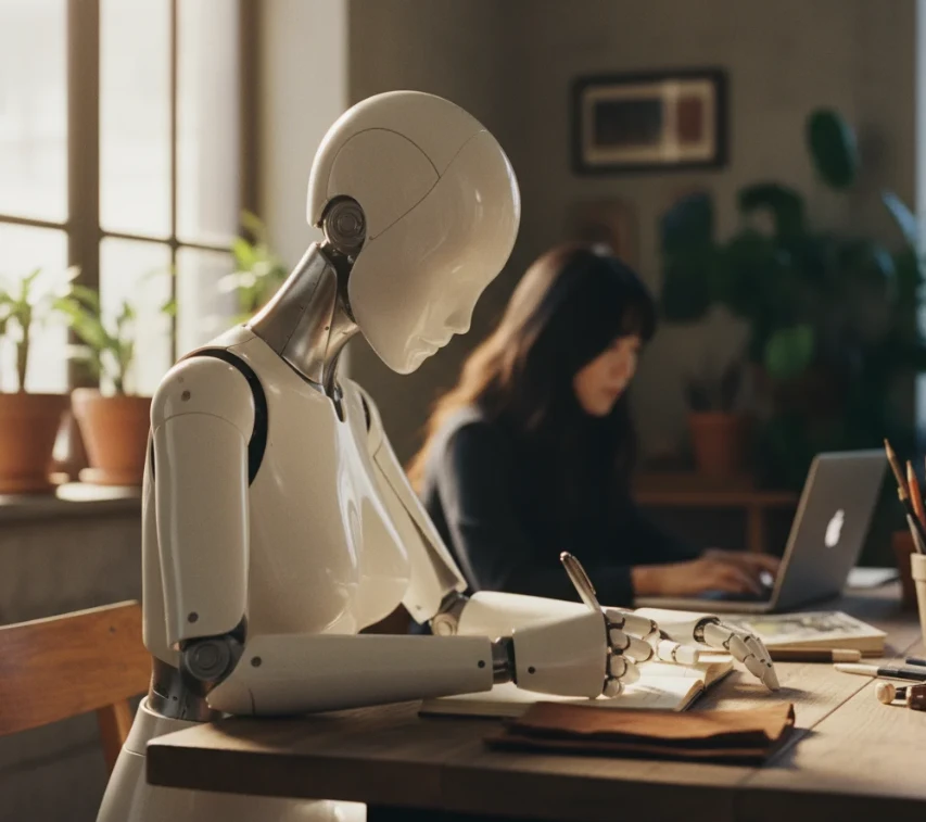 책상에 앉아 펜으로 노트에 글을 쓰고 있는 여성 안드로이드 로봇과 노트북으로 작업하는 사람.