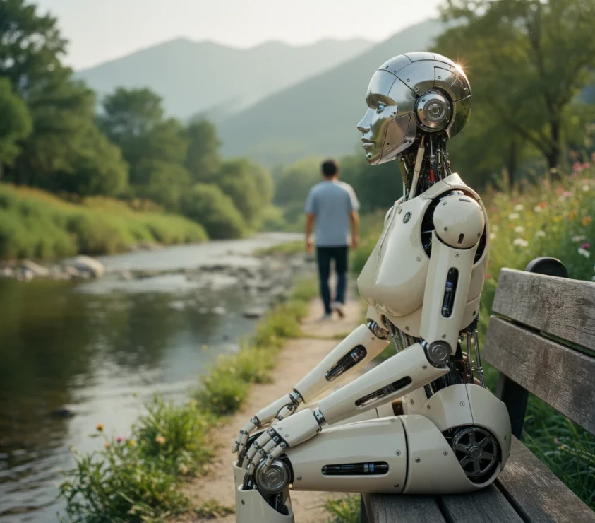 맑은 강가 옆에 앉아 먼 곳을 응시하는 여성 안드로이드 로봇.