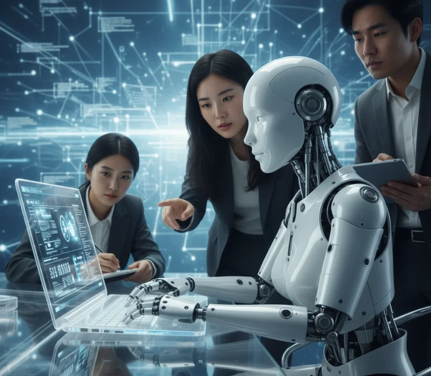 복잡한 정보의 흐름이 뇌 구조처럼 시각화된 배경 앞에서 노트북으로 작업하는 여성형 안드로이드 로봇.