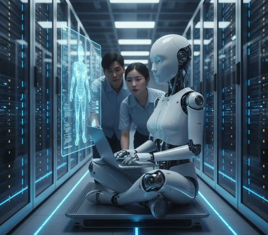 거대한 서버 랙 앞에 앉아 노트북을 만지는 여성형 안드로이드 로봇.