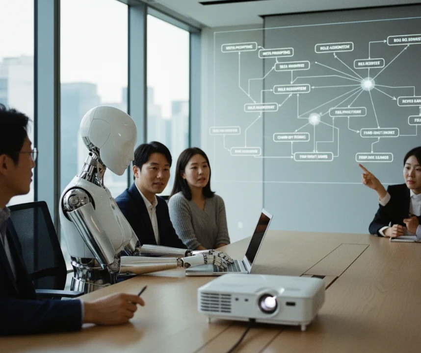 빔 프로젝터로 메타 프롬프트 기법들을 시각화한 그래프를 띄워놓고 노트북으로 작업하는 여성형 안드로이드 로봇.