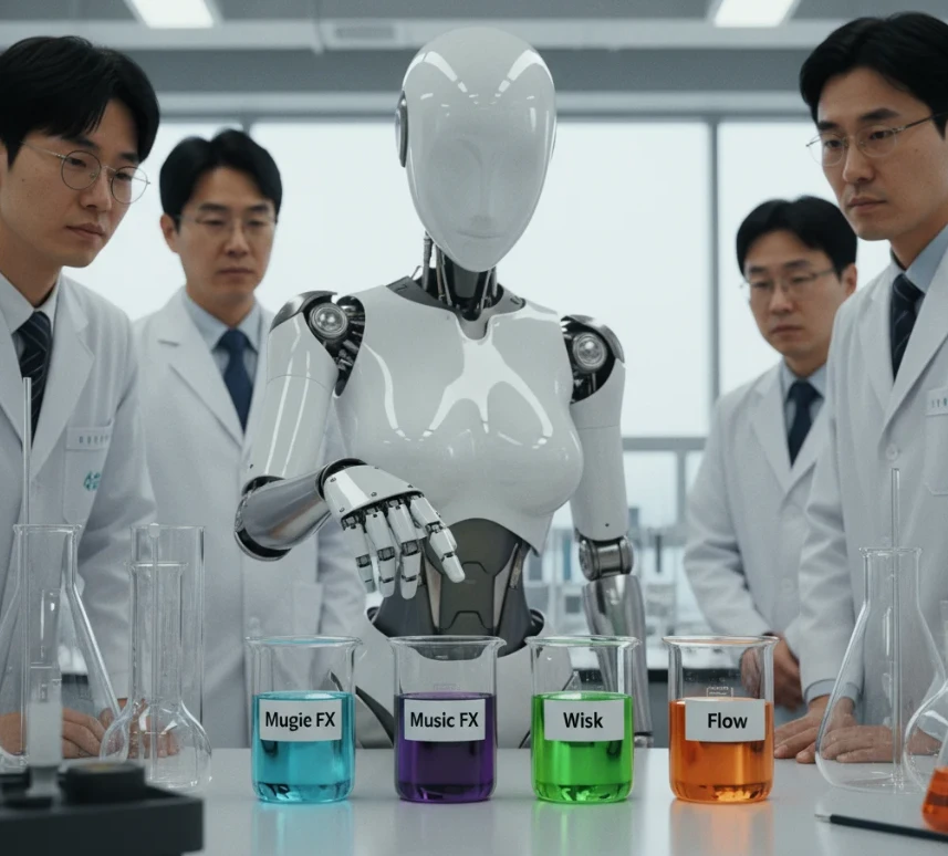 다양한 종류의 비커와 시험관이 가득한 실험실에서 4개의 비커를 들여다보는 여성형 안드로이드 로봇.