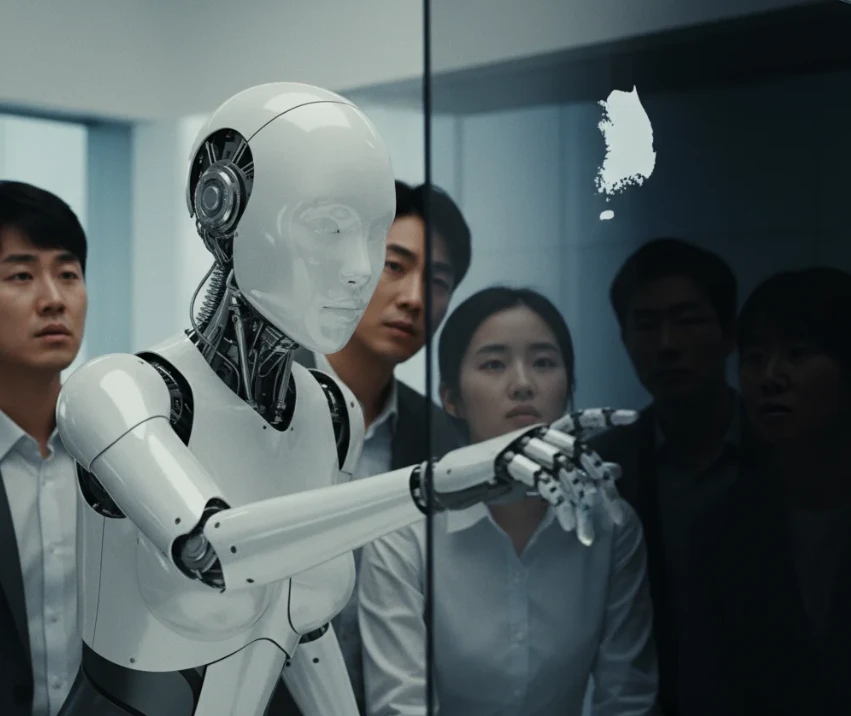 거대한 노트북 화면에 표시된 작은 한국 지도에 손을 뻗는 여성형 안드로이드 로봇.