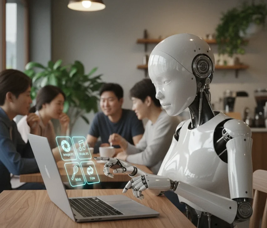 노트북을 앞에 두고 각 AI 프로그램의 아이콘을 가리키는 여성형 안드로이드 로봇.