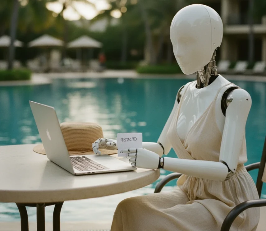 리조트 풀사이드에서 노트북과 인바이트 코드가 적힌 종이를 보는 여성 안드로이드 로봇의 사실적인 사진