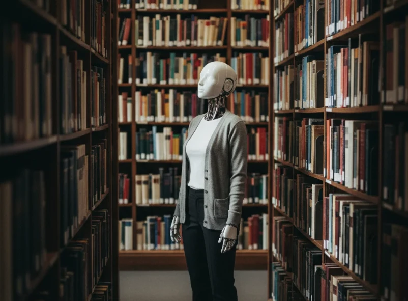 도서관 서가 앞에서 다양한 책들을 바라보는 여성 안드로이드 로봇의 사실적인 사진