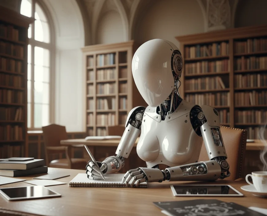 도서관 책상에서 콘텐츠 제작의 핵심을 다루는 여성 안드로이드 로봇