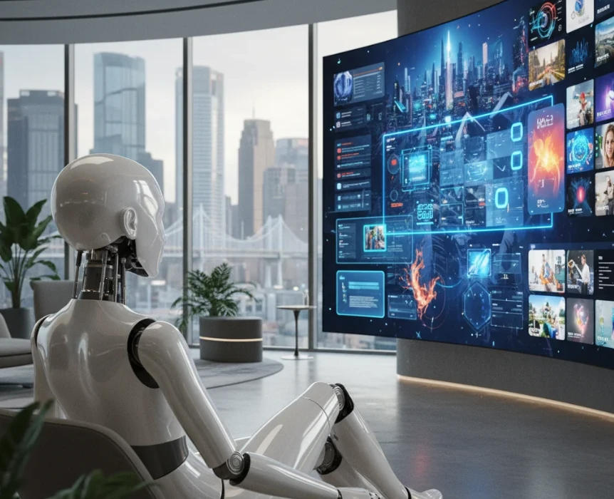 리조트 라운지에서 확장된 콘텐츠 플랫폼을 바라보는 여성 안드로이드 로봇