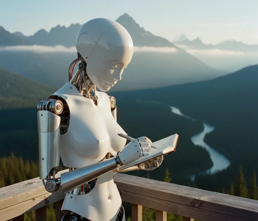 산 전망대에서 기획력의 중요성을 상징하는 스케치북을 들고 있는 여성 안드로이드 로봇