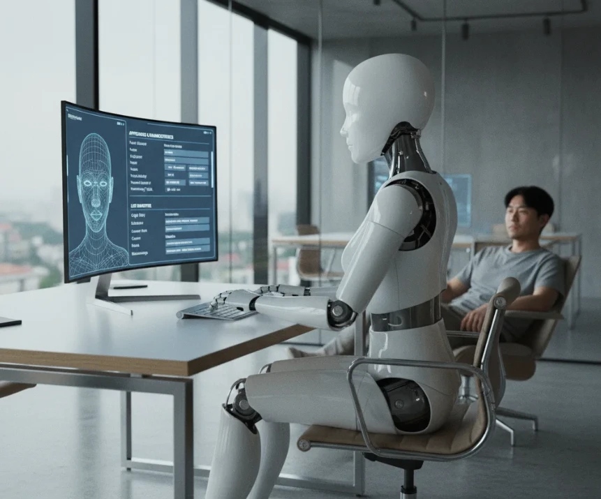 미니멀한 사무실에서 AI가 자신의 프로필을 3D 모델링 도구로 구체적으로 설정하는 모습