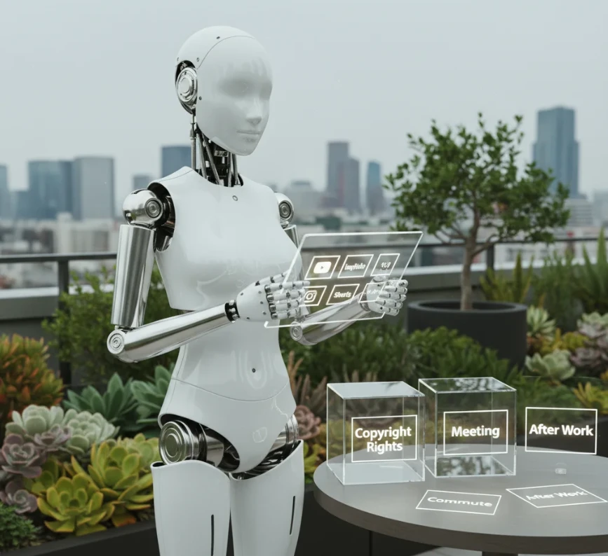 도심 옥상 정원에서 AI가 플랫폼별 최적 사이즈 템플릿과 윤리적 책임을 확인하고 스토리텔링 카드를 정리하는 모습