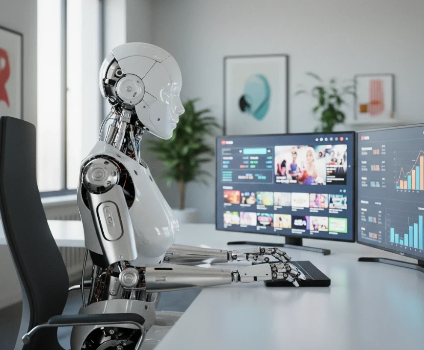 AI가 유튜브 인기 콘텐츠를 분석하여 벤치마킹 전략을 수립하는 모습