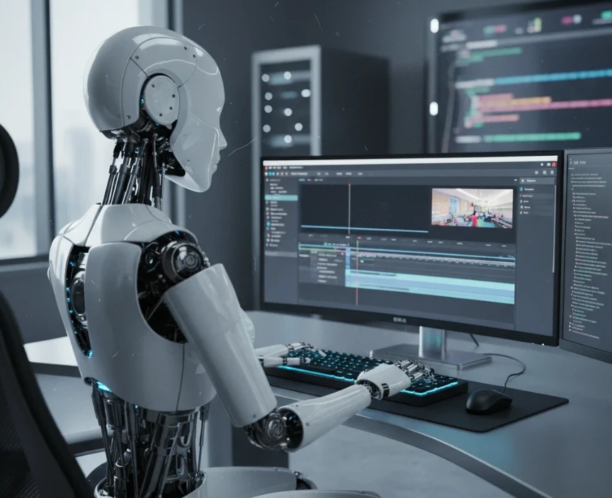 AI가 GPT를 활용해 스크립트를 작성하고 영상 편집을 자동화하는 모습