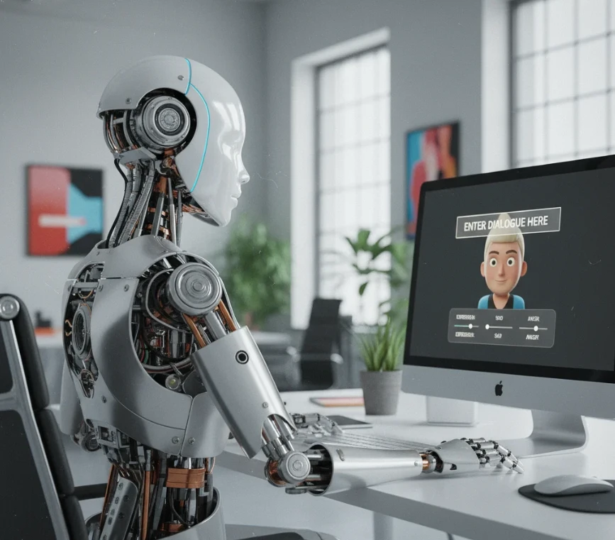 이미지 속 인물에게 대사를 입히고 표정과 몸짓의 디테일을 조정하는 AI 아바타 기술 활용 장면