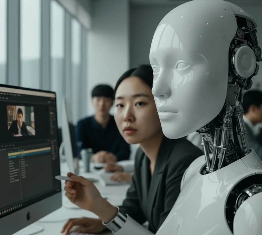 고품질 AI 동영상 제작을 위한 현실적인 접근법을 모색하는 장면