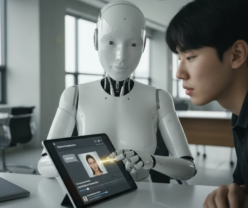 Grok AI의 스피치 커스텀 기능을 사용해 영상 속 인물에게 한국어 음성을 입히고 스타일을 변경하는 모습