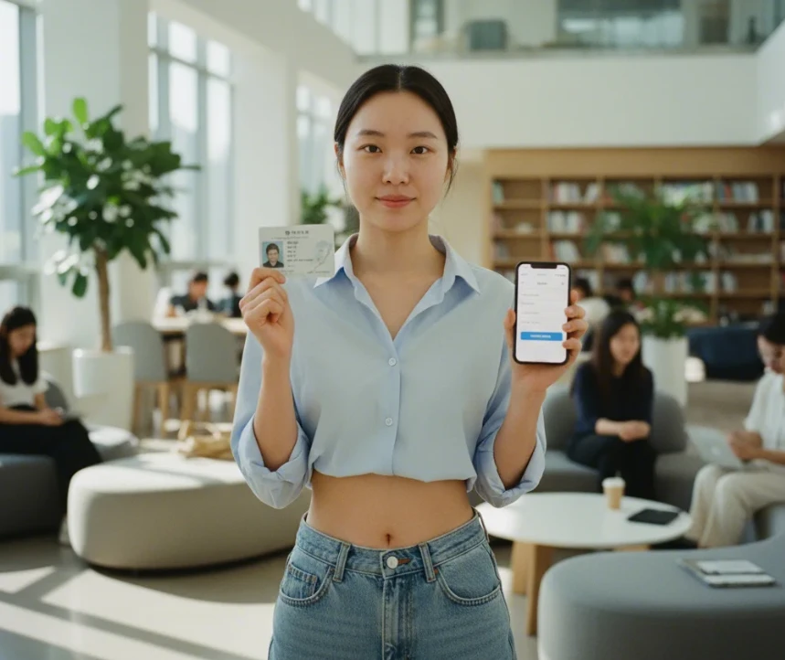 20대 한국 여대생이 학생증과 스마트폰의 결제 수단 화면을 확인하는 모습