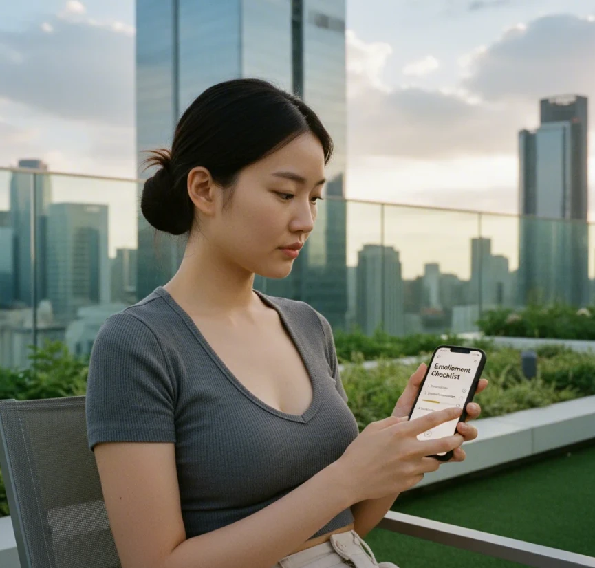 20대 한국 여성이 스마트폰을 사용하여 구글 제미나이 무료 혜택 신청 단계를 따라하는 모습