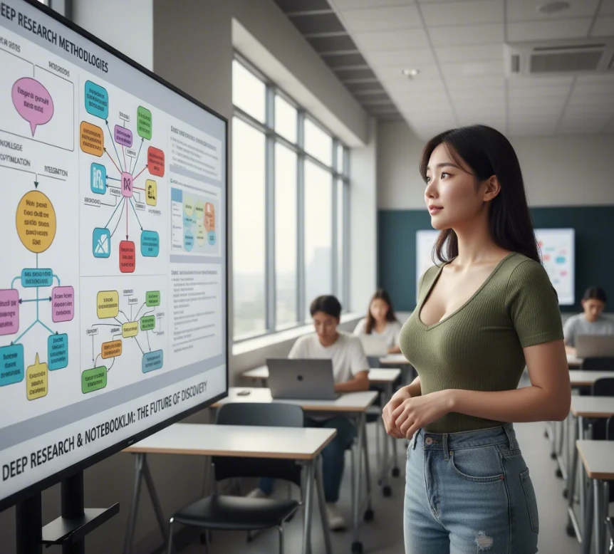 AI가 생성한 연구 자료를 보고 놀라거나 깨달음을 얻는 듯한 한국 여성의 표정