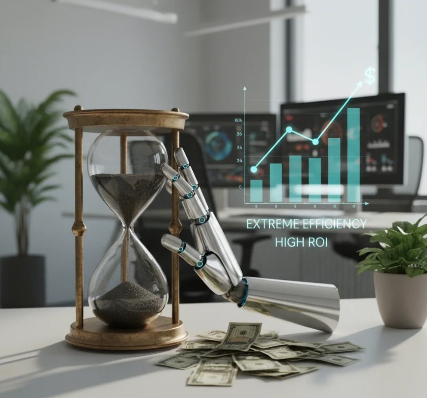 낭비되던 시간과 비용이 AI에 의해 효율적으로 관리되어 매출 그래프가 상승하는 모습