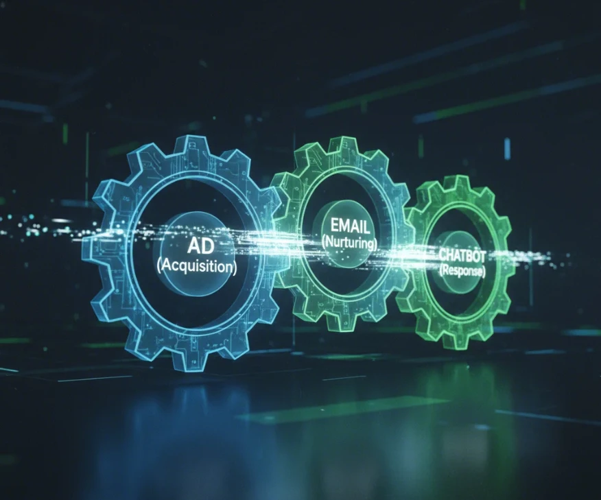 AI 광고, 메일, 챗봇을 상징하는 세 개의 톱니바퀴가 유기적으로 연결되어 돌아가는 모습