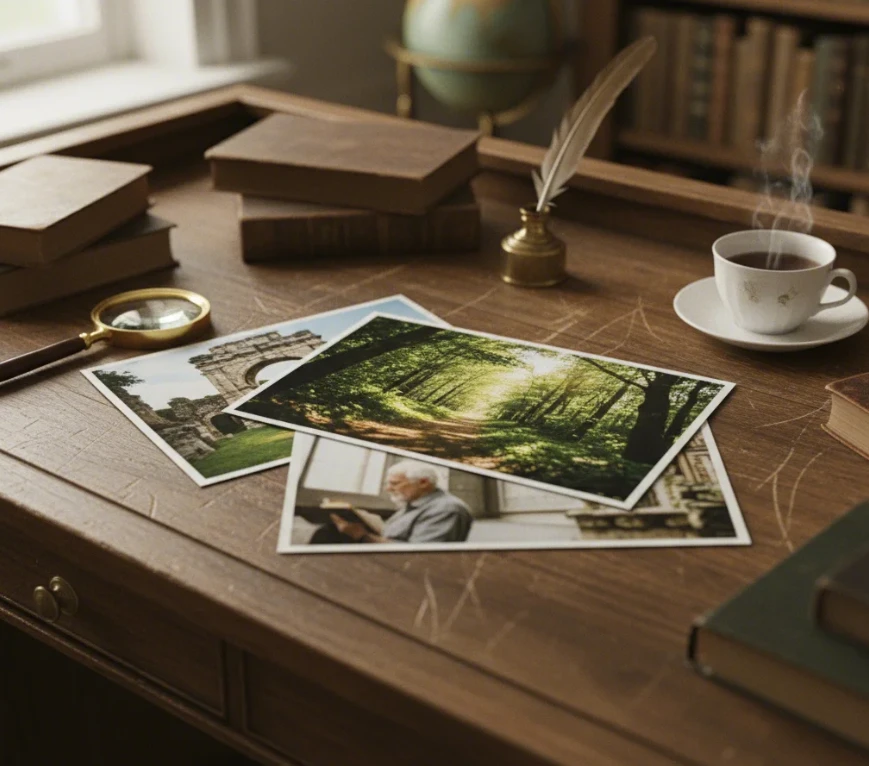 마지막에 배치된 와이드 비율 이미지를 강조한 책상 위 사진