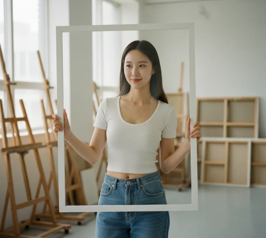 원하는 비율의 투명 PNG 프레임을 들고 있는 한국 여성