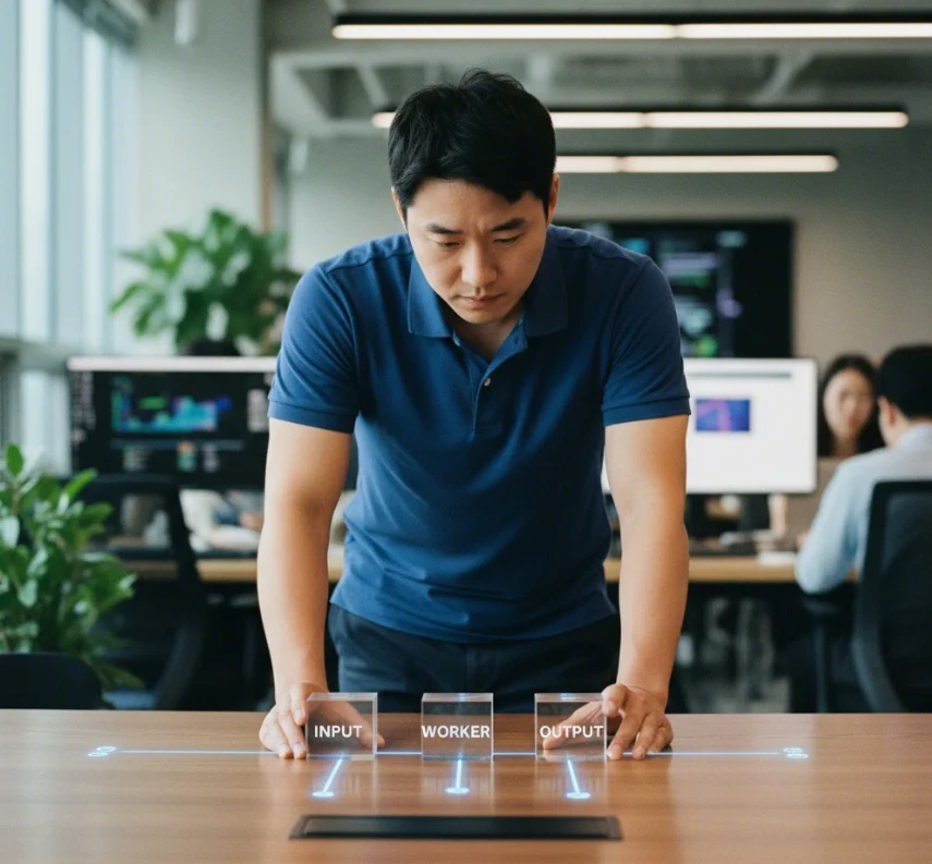 Input, Worker, Output 라벨이 붙은 블록을 조립하는 한국 남성