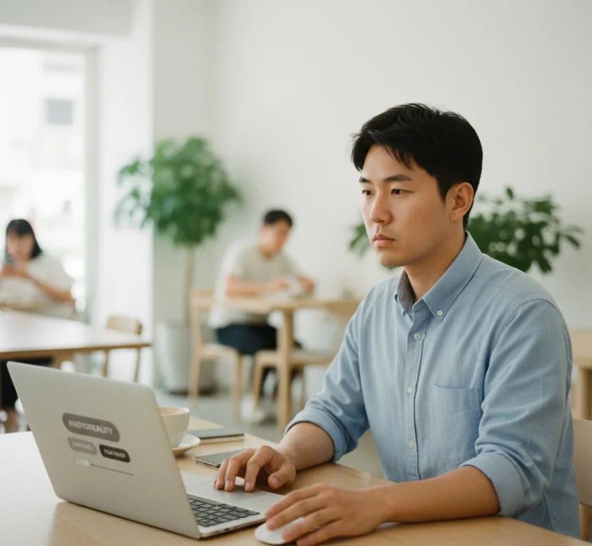 최신 AI 갤러리 인터페이스에서 프리셋을 설정하는 한국 남성 최신 AI 갤러리 인터페이스에서 프리셋을 설정하는 한국 남성